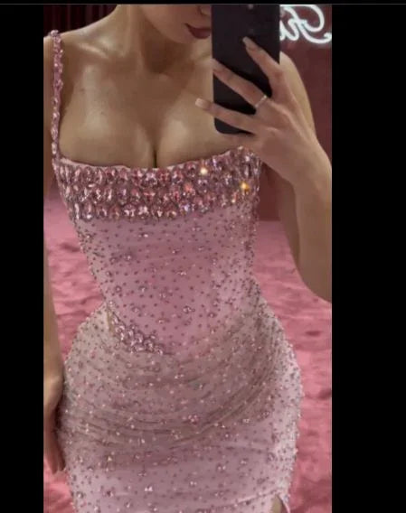 Encantador vestido largo de fiesta rosa con cuentas, tirantes finos y abertura, vestido de noche de sirena Y7970