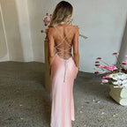 Abito lungo da sera rosa sirena sexy, abito da sera rosa scollato sulla schiena Y1933