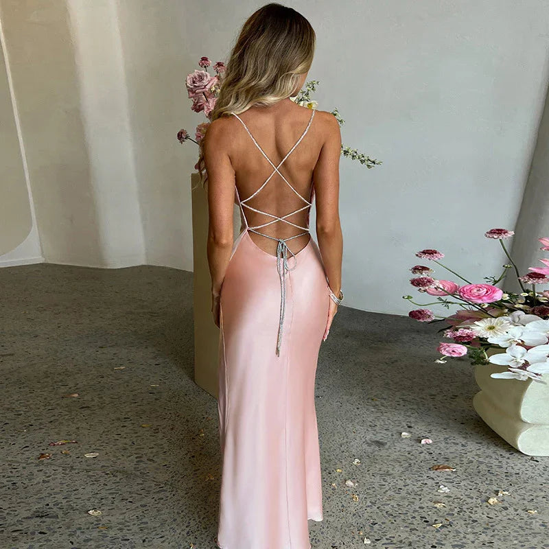 Abito lungo da sera rosa sirena sexy, abito da sera rosa scollato sulla schiena Y1933
