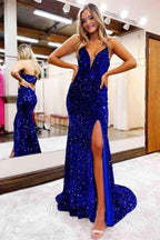 Vestido de Baile Royal Blue com Lantejoulas e Fenda SYP109