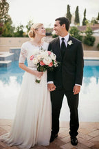 Robe de mariée ivoire à manches mi-longues, ligne A, ornée de perles en dentelle
