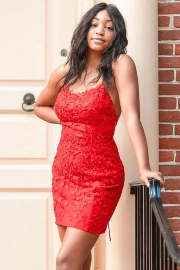 Lace Backless Spaghetti Straps Tight Homecoming Dresses, Short Party Dress