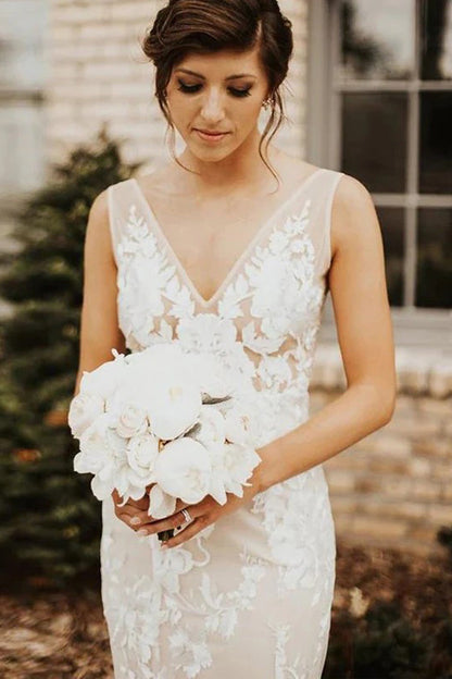 Spitze tiefem V-Ausschnitt böhmisches Brautkleid Meerjungfrau Brautkleid