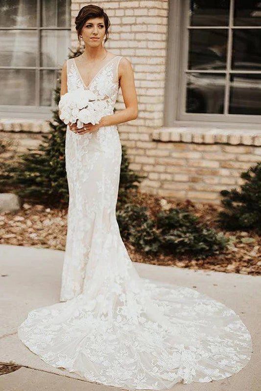 Spitze tiefem V-Ausschnitt böhmisches Brautkleid Meerjungfrau Brautkleid