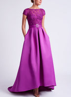 Asymmetrical A-Line Mother of the Bride Dress with Scoop Neck and Short Sleeves