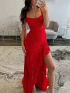 Red Lace Embroidery Ruffle Long Prom Dress With Slit Beadwork