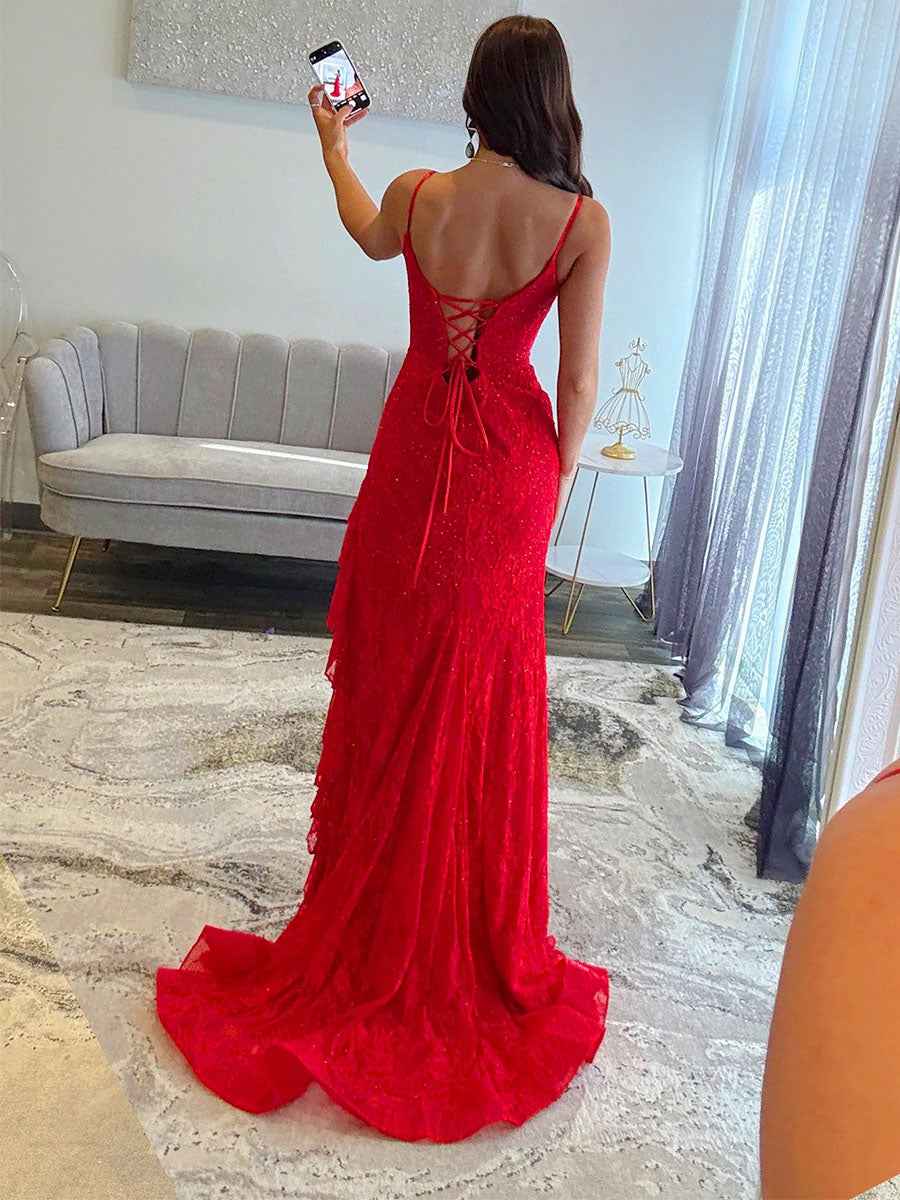 Red Lace Embroidery Ruffle Long Prom Dress With Slit Beadwork