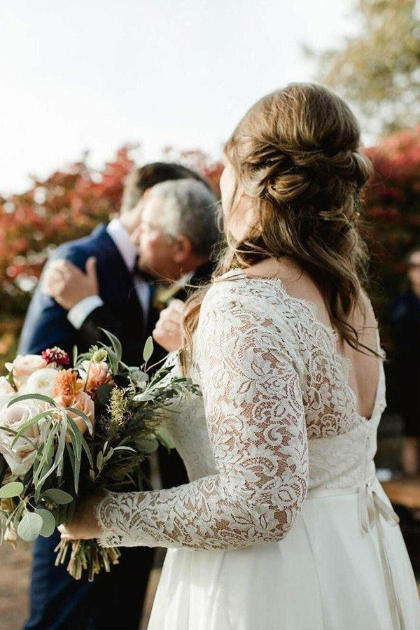 Lace Top Ivory Chiffon Plus Size Wedding Dresses with Long Sleeves