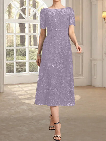 A-Linie, U-Ausschnitt, Illusion, knielang, Spitze, Kleid für die Brautmutter mit Pailletten