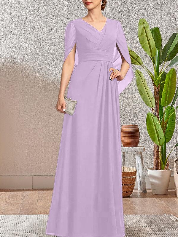 فستان أم العروس طويل برقبة على شكل حرف V وقصة على شكل حرف A باللون الأزرق الداكن