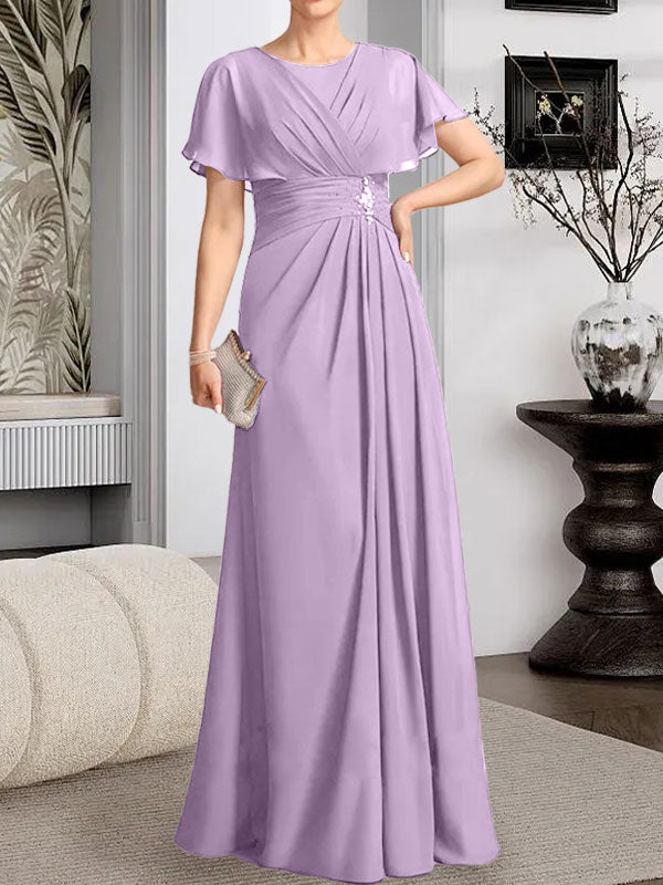 Robe de mère de la mariée en mousseline, longueur au sol, en ligne A, décolleté arrondi, ornée de perles plissées