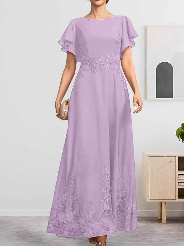 Robe de mère de la mariée en mousseline de soie à dentelle, longueur cheville, en forme trapèze avec décolleté arrondi et paillettes