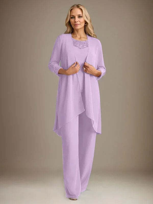 بدلة بنطلون الأم العروس بأكمام طويلة من الشيفون وياقة دائرية مع سترة