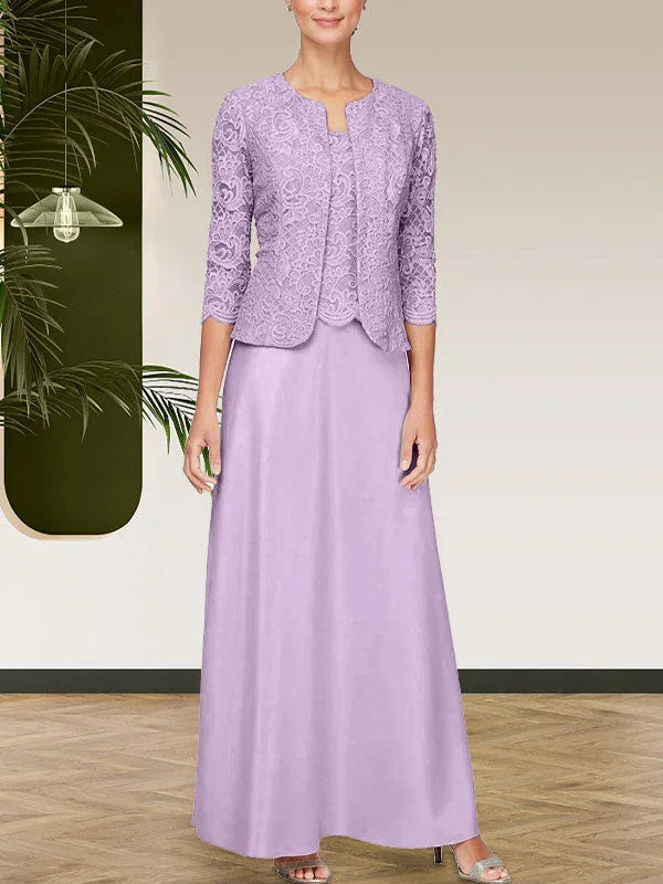 فستان مع جاكيت تنورة من الدانتيل اللامع والساتان مع جاكيت مفتوح