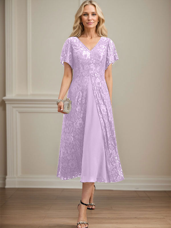 A-Linie V-Ausschnitt Wadenlanges Chiffon-Kleid für die Brautmutter 