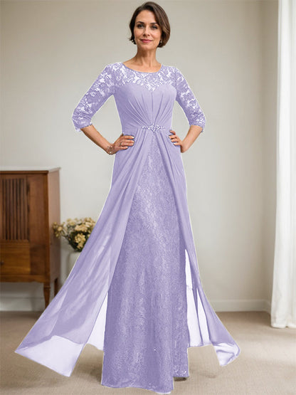 A-Linie U-Ausschnitt Illusion Bodenlang Spitzen Chiffon Mutter der Braut Kleid mit Perlenbesatz Rüschen 