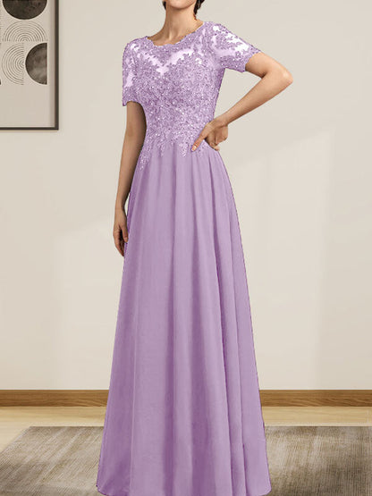A-Linie U-Ausschnitt Illusion Bodenlang Chiffon Spitze Mutter der Braut Kleid mit Pailletten Perlen
