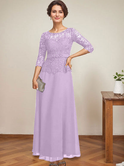 A-Linie, U-Ausschnitt, Illusion, knöchellang, Chiffon, Spitze, Kleid für die Brautmutter mit Strass-Perlen 