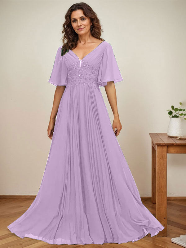 A-Linie V-Ausschnitt Bodenlang Chiffon Mutter der Braut Kleid Mit Pailletten Applikationen Spitze Plissee 