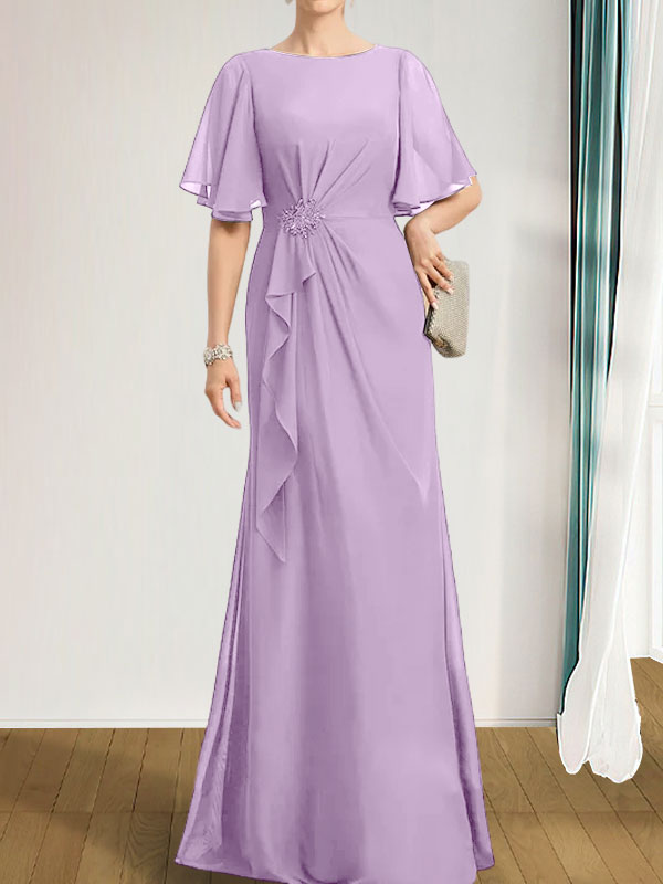 Robe de mère de la mariée en mousseline longueur au sol, en ligne A, décolleté arrondi, avec volants en cascade, perles et paillettes