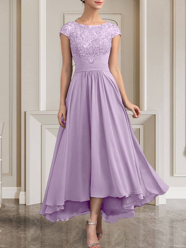 A-Linie U-Ausschnitt Bodenlang Spitzen-Chiffon-Kleid für die Brautmutter mit Pailletten