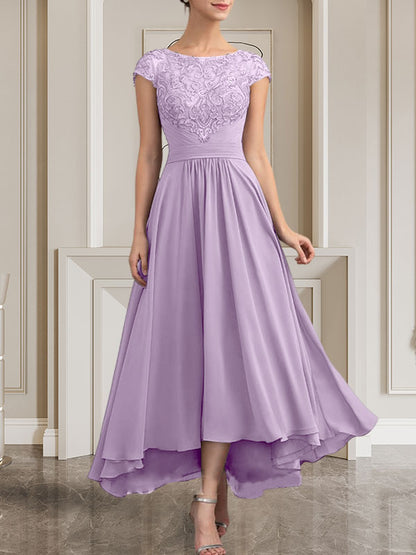 A-Linie U-Ausschnitt Bodenlang Spitzen-Chiffon-Kleid für die Brautmutter mit Pailletten