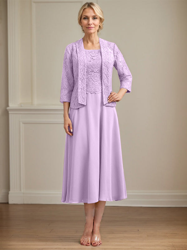 A-Linie U-Ausschnitt Wadenlang Chiffon-Kleid für die Brautmutter 