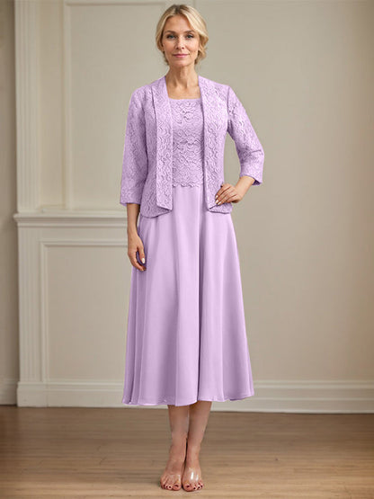 A-Linie U-Ausschnitt Wadenlang Chiffon-Kleid für die Brautmutter 