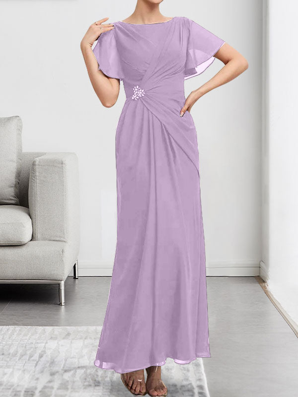 Robe de mère de la mariée en mousseline, longueur cheville, en ligne A, encolure dégagée, ornée de perles et plissée