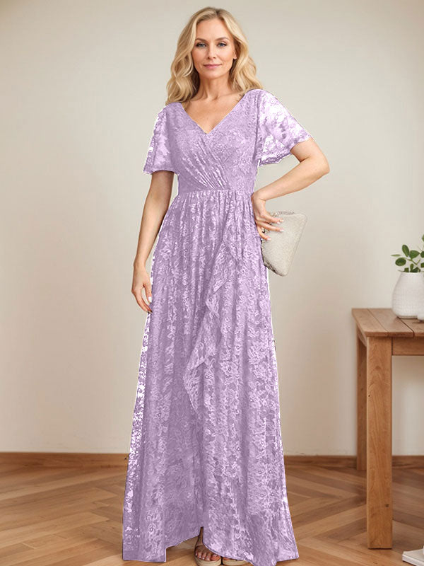 Robe de mère de la mariée en dentelle asymétrique à encolure en V et coupe en A avec volants en cascade