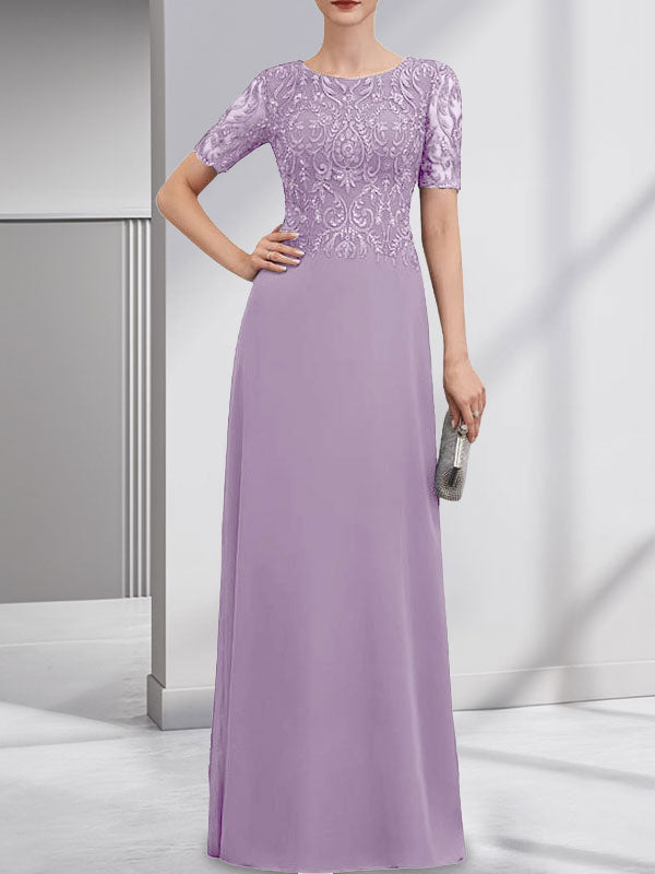A-Linie U-Ausschnitt Bodenlang Spitzen-Chiffon-Kleid für die Brautmutter mit Pailletten