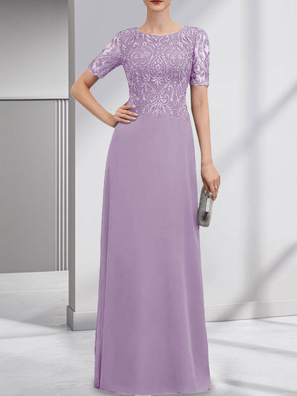 A-Linie U-Ausschnitt Bodenlang Spitzen-Chiffon-Kleid für die Brautmutter mit Pailletten
