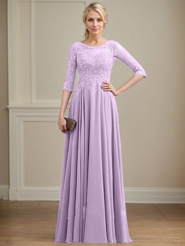 A-Linie, U-Ausschnitt, Illusion, bodenlanges Spitzen-Chiffon-Kleid für die Brautmutter mit Pailletten 