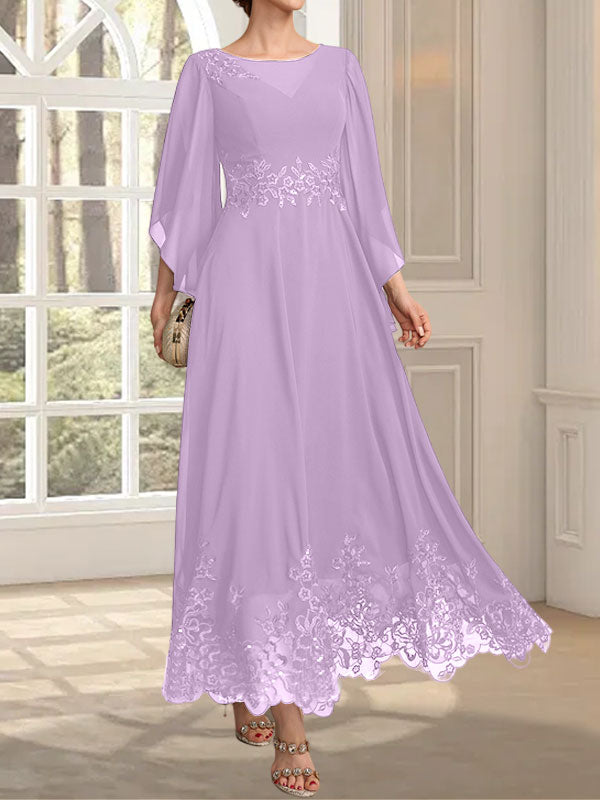 A-Linie, U-Ausschnitt, Illusion, knöchellang, Spitzen-Chiffon, Kleid für die Brautmutter mit Pailletten 