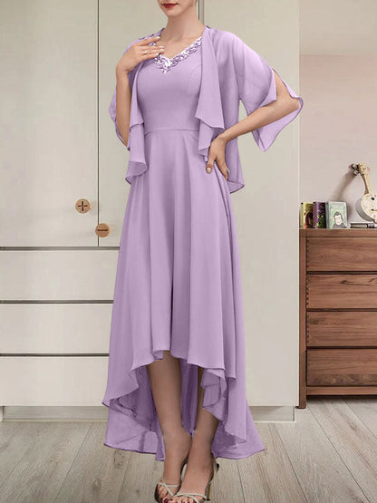 Vestido de gasa asimétrico para madre de la novia con escote en V, corte A y lentejuelas con abalorios