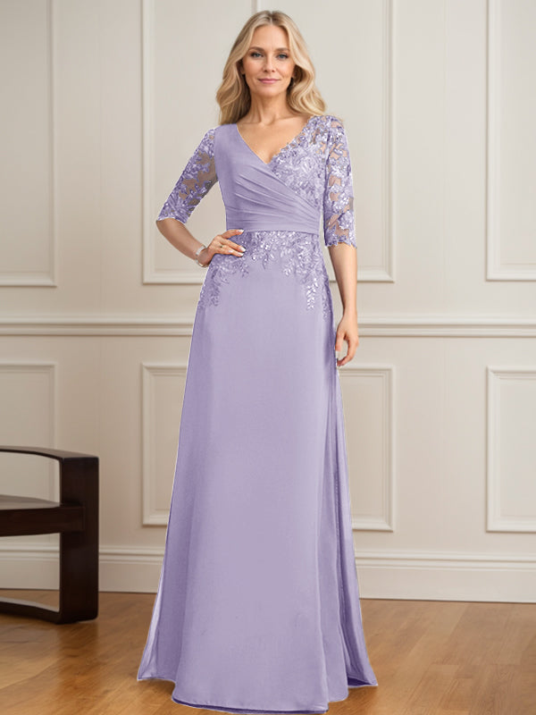 A-Linie, V-Ausschnitt, bodenlanges Spitzen-Chiffon-Kleid für die Brautmutter mit plissierten Pailletten 