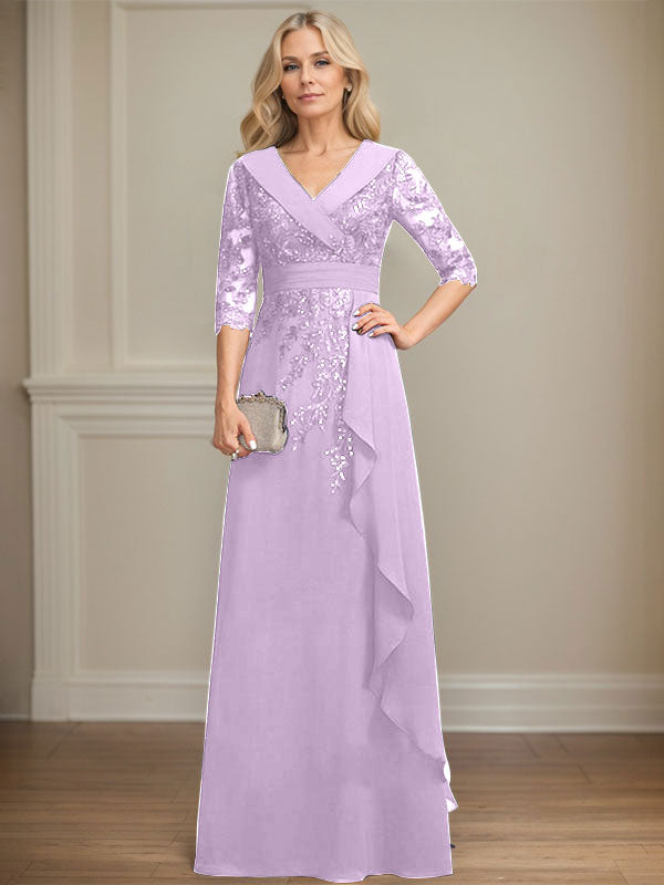 Robe de mère de la mariée en mousseline de soie à col en V, longueur au sol, ligne A, avec dentelle, paillettes et volants en cascade