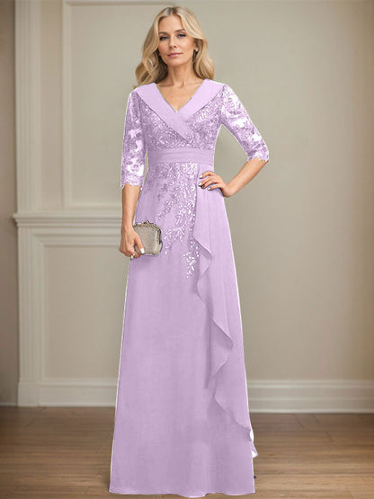 Vestido de madre de la novia de gasa con encaje, escote en V, corte A y largo hasta el suelo, con lentejuelas y volantes en cascada 