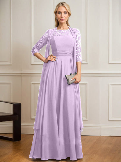 A-Linie U-Ausschnitt Illusion Bodenlang Spitze Chiffon Mutter der Braut Kleid Mit Plissee 