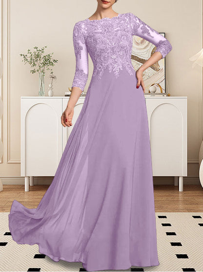 A-Linie U-Ausschnitt Bodenlang Spitzen-Chiffon-Kleid für die Brautmutter mit Pailletten