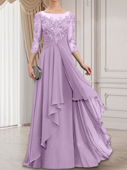 A-Linie, U-Ausschnitt, Illusion, bodenlanges Chiffon-Kleid für die Brautmutter mit kaskadierenden Rüschen