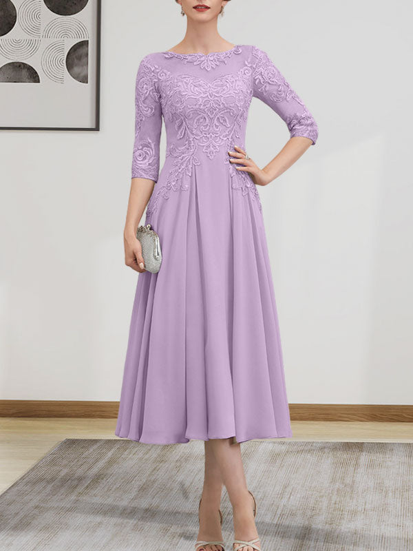 A-Linie, U-Ausschnitt, Illusion, knielang, Chiffon, Spitze, Kleid für die Brautmutter mit Perlen und Pailletten