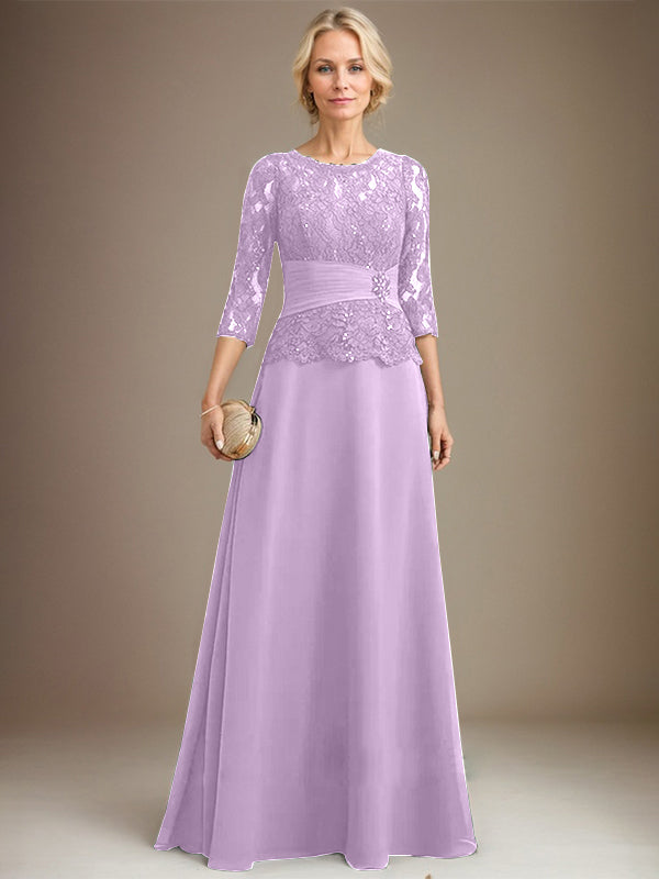 A-line Scoop Illusion Floor-Length Chiffon Lace Mother of the Bride Dress With Pleated Sequins Beading