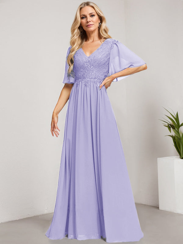 A-Linie V-Ausschnitt Bodenlanges Spitzen-Chiffon-Kleid für die Brautmutter mit Pailletten 