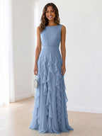 Sky Blue Tiered Chiffon Evening Maxi Dress With Ruched Bodice