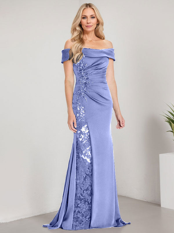 Robe de mère de la mariée longue jusqu'au sol, ligne A, épaules dénudées, appliques et perles, robe sirène avec fente haute