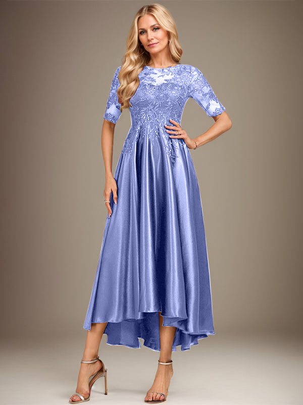 A-Linie, U-Ausschnitt, Illusion, asymmetrisch, Stretch-Satin, Spitze, Kleid für die Brautmutter mit Pailletten 