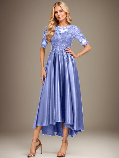 A-Linie, U-Ausschnitt, Illusion, asymmetrisch, Stretch-Satin, Spitze, Kleid für die Brautmutter mit Pailletten 
