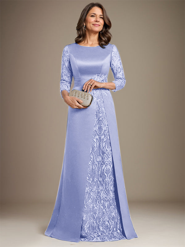 A-Line Scoop Floor-Length Lace Satin Mother Of the Bride Dress With Applique
