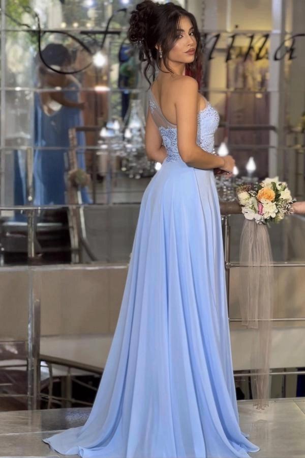 Lavender One Shoulder Prom Dress Lace Chiffon A Line Evening Gown